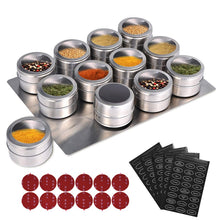 Load image into Gallery viewer, LMETJMA Magnetic Spice Jars With Wall Mounted Rack Stainless Steel Spice Tins Spice Seasoning Containers With Spice Label KC0305
