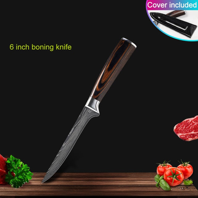 Kitchen knives Set Professional Chef Knives Japanese 7CR17 440C High Carbon Stainless Steel Imitation Damascus Pattern Knife Set