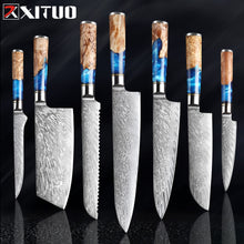 Load image into Gallery viewer, XITUO Kitchen Knives-Set Damascus Steel VG10 Chef Knife Cleaver Paring Bread Knife Blue Resin and Color Wood Handle Cooking Tool
