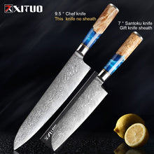 Load image into Gallery viewer, XITUO Kitchen Knives-Set Damascus Steel VG10 Chef Knife Cleaver Paring Bread Knife Blue Resin and Color Wood Handle Cooking Tool
