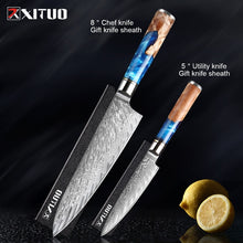 Load image into Gallery viewer, XITUO Kitchen Knives-Set Damascus Steel VG10 Chef Knife Cleaver Paring Bread Knife Blue Resin and Color Wood Handle Cooking Tool
