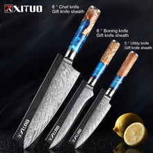 Load image into Gallery viewer, XITUO Kitchen Knives-Set Damascus Steel VG10 Chef Knife Cleaver Paring Bread Knife Blue Resin and Color Wood Handle Cooking Tool
