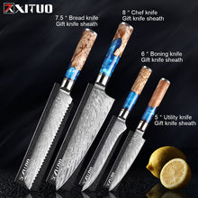 Load image into Gallery viewer, XITUO Kitchen Knives-Set Damascus Steel VG10 Chef Knife Cleaver Paring Bread Knife Blue Resin and Color Wood Handle Cooking Tool
