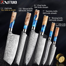 Load image into Gallery viewer, XITUO Kitchen Knives-Set Damascus Steel VG10 Chef Knife Cleaver Paring Bread Knife Blue Resin and Color Wood Handle Cooking Tool
