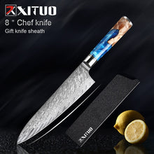 Load image into Gallery viewer, XITUO Kitchen Knives-Set Damascus Steel VG10 Chef Knife Cleaver Paring Bread Knife Blue Resin and Color Wood Handle Cooking Tool
