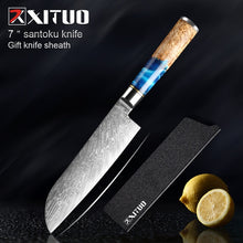 Load image into Gallery viewer, XITUO Kitchen Knives-Set Damascus Steel VG10 Chef Knife Cleaver Paring Bread Knife Blue Resin and Color Wood Handle Cooking Tool
