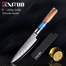 Load image into Gallery viewer, XITUO Kitchen Knives-Set Damascus Steel VG10 Chef Knife Cleaver Paring Bread Knife Blue Resin and Color Wood Handle Cooking Tool
