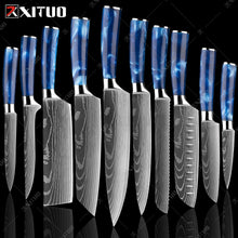 Load image into Gallery viewer, XITUO kitchen knives Set Exquisite blue resin handle Laser Damascus pattern Chef knife Santoku Cleaver Slicing Knives Best Gift
