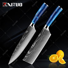 Load image into Gallery viewer, XITUO kitchen knives Set Exquisite blue resin handle Laser Damascus pattern Chef knife Santoku Cleaver Slicing Knives Best Gift
