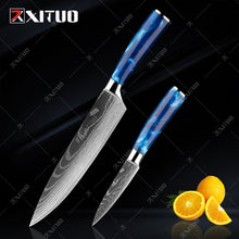 Load image into Gallery viewer, XITUO kitchen knives Set Exquisite blue resin handle Laser Damascus pattern Chef knife Santoku Cleaver Slicing Knives Best Gift
