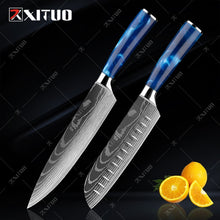 Load image into Gallery viewer, XITUO kitchen knives Set Exquisite blue resin handle Laser Damascus pattern Chef knife Santoku Cleaver Slicing Knives Best Gift
