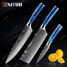 Load image into Gallery viewer, XITUO kitchen knives Set Exquisite blue resin handle Laser Damascus pattern Chef knife Santoku Cleaver Slicing Knives Best Gift
