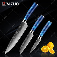 Load image into Gallery viewer, XITUO kitchen knives Set Exquisite blue resin handle Laser Damascus pattern Chef knife Santoku Cleaver Slicing Knives Best Gift
