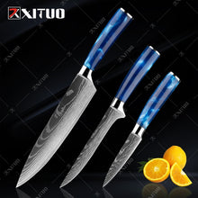 Load image into Gallery viewer, XITUO kitchen knives Set Exquisite blue resin handle Laser Damascus pattern Chef knife Santoku Cleaver Slicing Knives Best Gift
