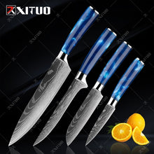 Load image into Gallery viewer, XITUO kitchen knives Set Exquisite blue resin handle Laser Damascus pattern Chef knife Santoku Cleaver Slicing Knives Best Gift
