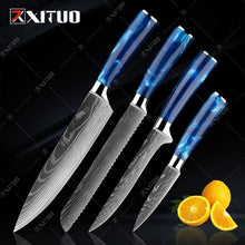 Load image into Gallery viewer, XITUO kitchen knives Set Exquisite blue resin handle Laser Damascus pattern Chef knife Santoku Cleaver Slicing Knives Best Gift
