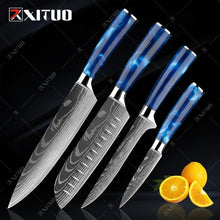 Load image into Gallery viewer, XITUO kitchen knives Set Exquisite blue resin handle Laser Damascus pattern Chef knife Santoku Cleaver Slicing Knives Best Gift
