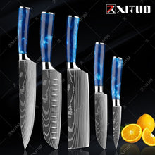 Load image into Gallery viewer, XITUO kitchen knives Set Exquisite blue resin handle Laser Damascus pattern Chef knife Santoku Cleaver Slicing Knives Best Gift
