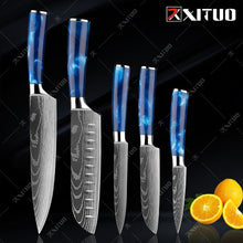 Load image into Gallery viewer, XITUO kitchen knives Set Exquisite blue resin handle Laser Damascus pattern Chef knife Santoku Cleaver Slicing Knives Best Gift
