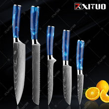 Load image into Gallery viewer, XITUO kitchen knives Set Exquisite blue resin handle Laser Damascus pattern Chef knife Santoku Cleaver Slicing Knives Best Gift
