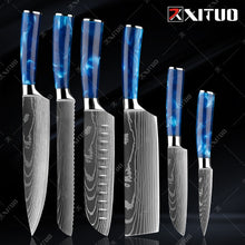 Load image into Gallery viewer, XITUO kitchen knives Set Exquisite blue resin handle Laser Damascus pattern Chef knife Santoku Cleaver Slicing Knives Best Gift
