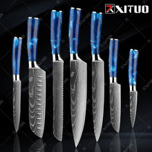 Load image into Gallery viewer, XITUO kitchen knives Set Exquisite blue resin handle Laser Damascus pattern Chef knife Santoku Cleaver Slicing Knives Best Gift
