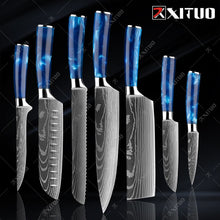 Load image into Gallery viewer, XITUO kitchen knives Set Exquisite blue resin handle Laser Damascus pattern Chef knife Santoku Cleaver Slicing Knives Best Gift
