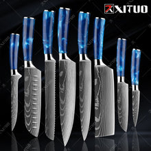 Load image into Gallery viewer, XITUO kitchen knives Set Exquisite blue resin handle Laser Damascus pattern Chef knife Santoku Cleaver Slicing Knives Best Gift
