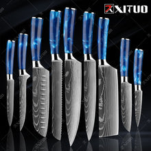 Load image into Gallery viewer, XITUO kitchen knives Set Exquisite blue resin handle Laser Damascus pattern Chef knife Santoku Cleaver Slicing Knives Best Gift
