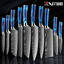 Load image into Gallery viewer, XITUO kitchen knives Set Exquisite blue resin handle Laser Damascus pattern Chef knife Santoku Cleaver Slicing Knives Best Gift
